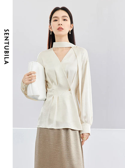 SENTUBILA Texture Satin Blouse Chiffon V Neck Long Sleeve Folds Metal Button