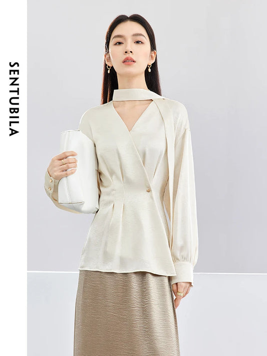 SENTUBILA Texture Satin Blouse Chiffon V Neck Long Sleeve Folds Metal Button