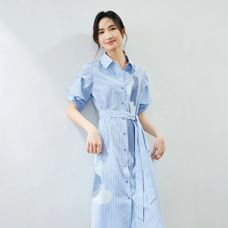 SENTUBILA Striped Casual Shirt Dress for Women 2024 Printed Polo Collar Button Up Straight Short Sleeve Summer Dress 142L53513