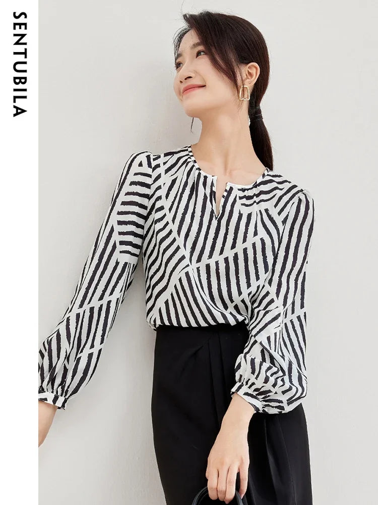 SENTUBILA Women Elegant Print Chiffon Blouses Striped Round Neck Puff Sleeve