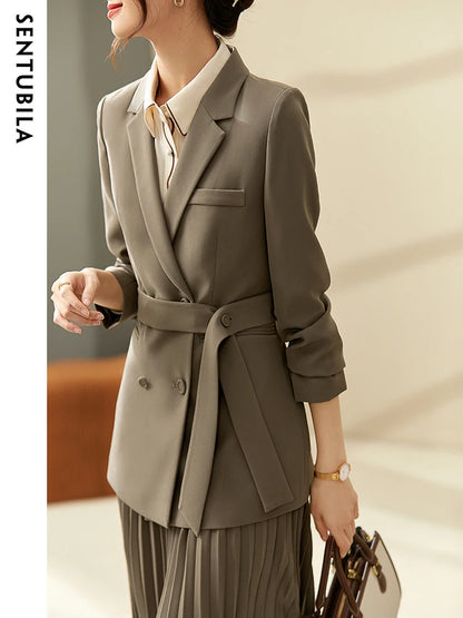 SENTUBILA 2-Piece Elegant Blazer and Skirt Set Long Sleeve Suit Jacket Pleated