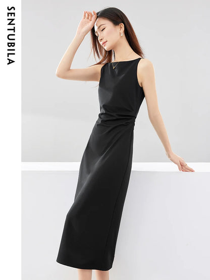 SENTUBILA Simple Party Black Midi Dress Women 2024 Spring Autumn Slim Temperament Slash Neck Sleeveless Lady Dresses Q33L52443