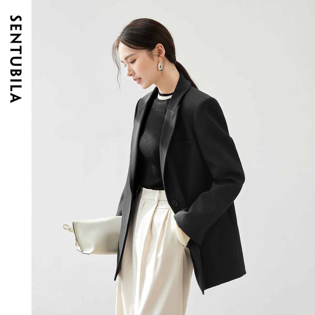 SENTUBILA Texture Twill Blazer Collar Shoulder Pads Workwear