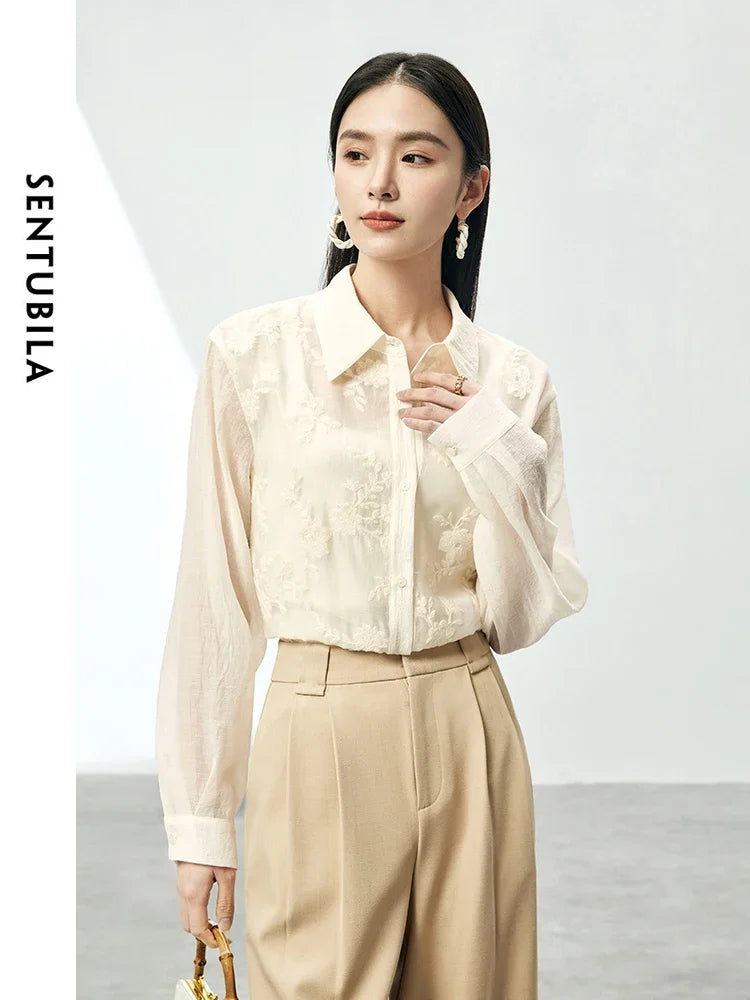 SENTUBILA Embroidery Button Up Shirts & Blouse Apricot Elegant Thin Long Sleeve