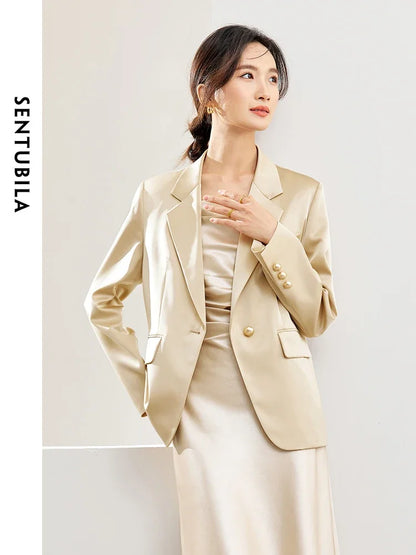 SENTUBILA Satin Blazer Notched Tailored Suit Jacket