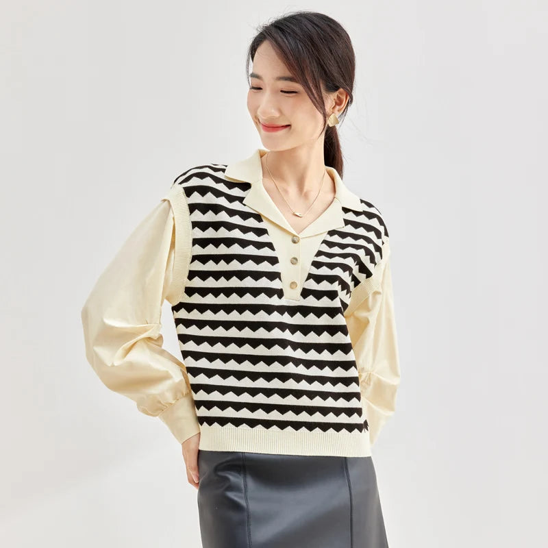 SENTUBILA 2 In 1 Shirt Spring Patchwork Knitted Long Sleeve Blouse Female Fashion Lady