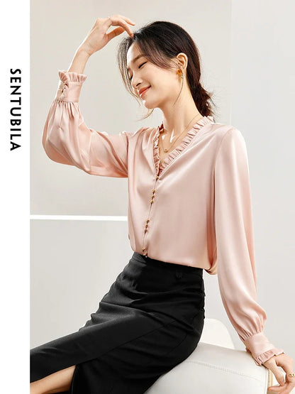 SENTUBILA French Satin Shirt Elegant Long Sleeve Ruffled V-neck Blouse Clothing