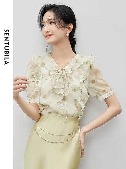 SENTUBILA Lace-up V-neck Printed Chiffon Elegant Blouse