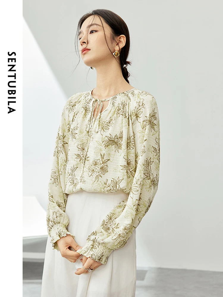 SENTUBILA Lace-up Round Neck Floral Shirt Elegant Printed Blouse