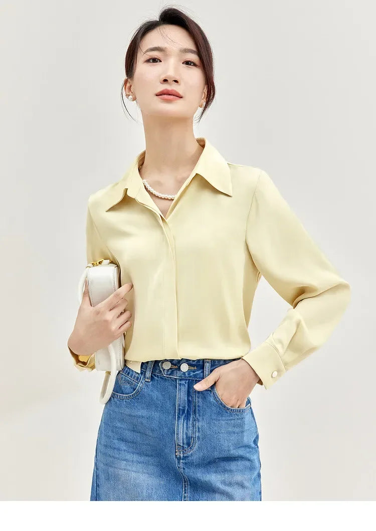 SENTUBILA Solid Office Blouse Chiffon Polo Neck Elegant Pearl Chain