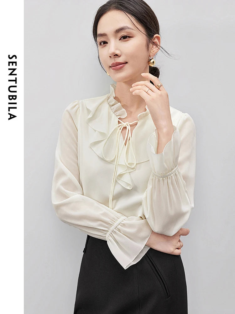 SENTUBILA Ruffled Collar Lace-up Bow Shirt