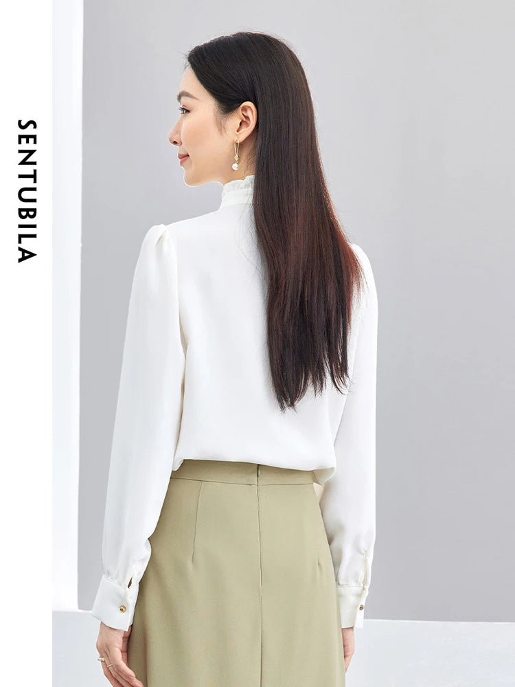 SENTUBILA Ruffles Chiffon White Shirts Spring Autumn Elegant Ruffled Collar