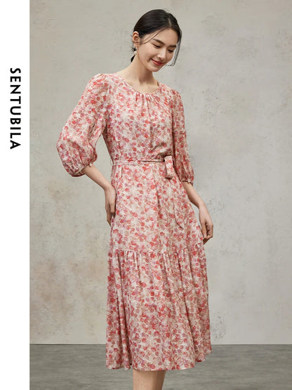 SENTUBILA 100% Silk Summer Floral Dress Women 2024 Short Sleeve Tie Belt Elegant Printed A-line Midi Dresses Woman 142L53958