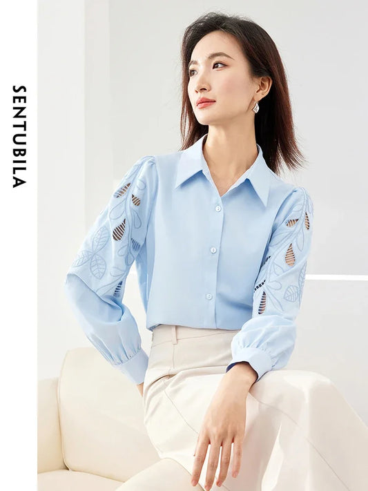 SENTUBILA Hollow Out Embroidery Blue Shirt for Office Elegant Lapel Single Breasted Blouse