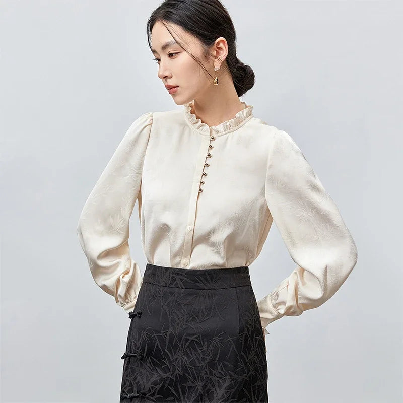 SENTUBILA Elegant Jacquard Shirt Chiffon Ruffles Sleeve Single Breasted Blouses