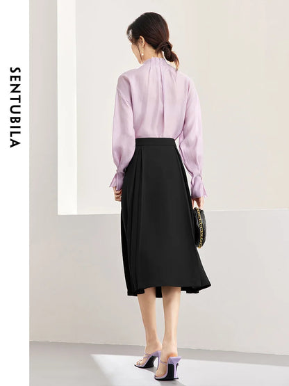 SENTUBILA Stand Collar Elegant Lyocell Shirt Spring Loose Petal Sleeve Button Up Woman Blouses Long Sleeves