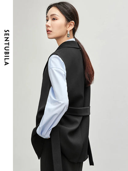 SENTUBILA Loose Vest Single Button Sashes Simple