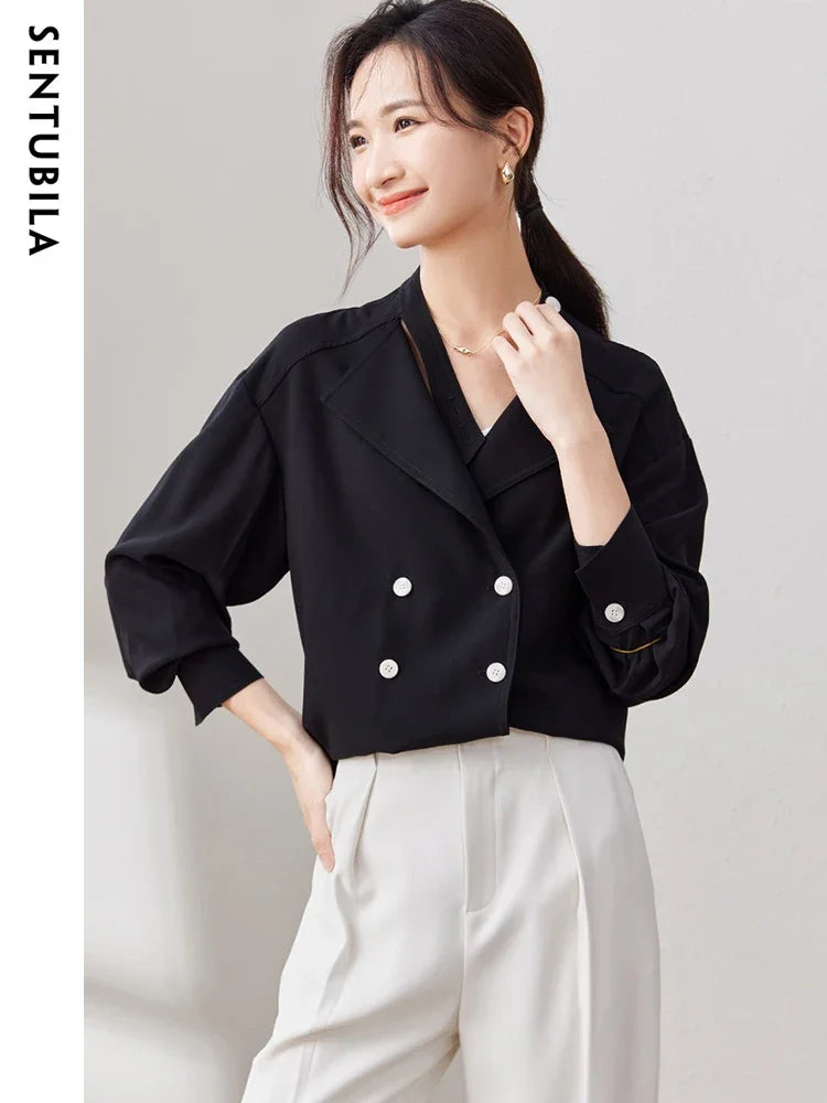 SENTUBILA Double Breasted Blazer/Loose Fit Shacket Chic And Elegant Woman Long Sleeve Shirt