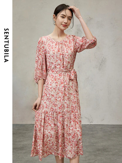 SENTUBILA 100% Silk Summer Floral Dress Women 2024 Short Sleeve Tie Belt Elegant Printed A-line Midi Dresses Woman 142L53958