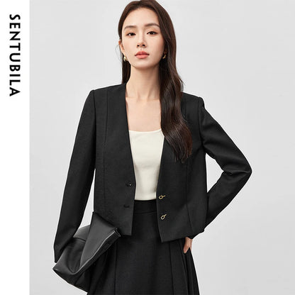 SENTUBILA Cropped Tailored Straight Texture V Neck Long Sleeve Single Breasted Blazer