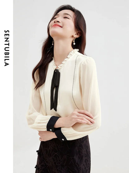 SENTUBILA Ruffled Bow Neck Chiffon Blouse Elegant Fashion Shirts Blouses