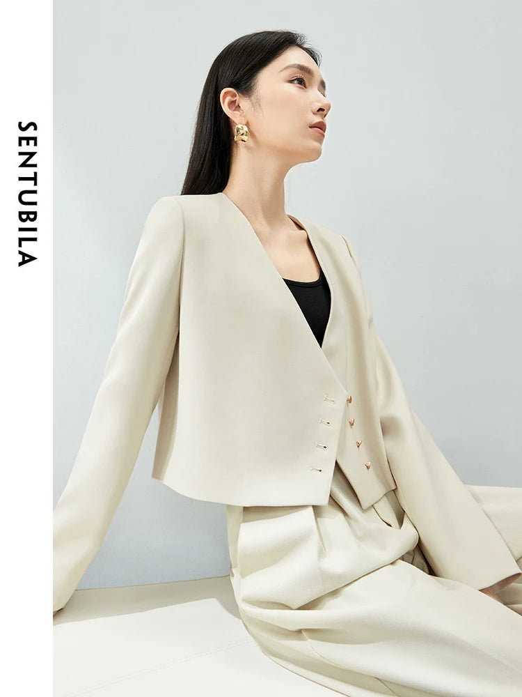 SENTUBILA Cropped Loose Suit Jacket Single Breasted