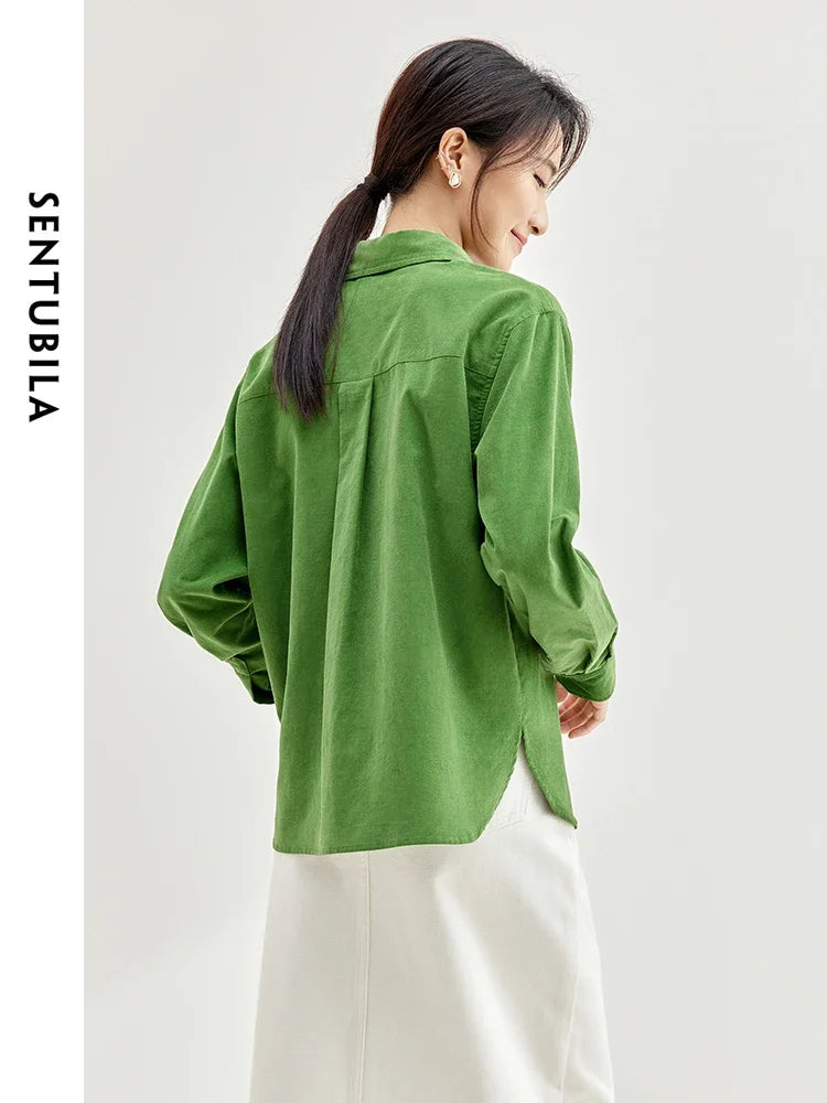 SENTUBILA Cotton Corduroy Shirt Lapel Single Breasted Green Loose Blouse