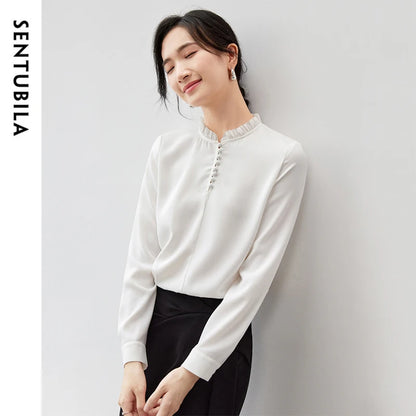 SENTUBILA White Blouse Casual Loose Chiffon Stand-up Collar Long Sleeve Elegant