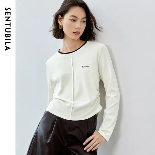 SENTUBILA Cotton Shirring Slim Fit Spliced O Neck Print Long Sleeve Simple Knit Top