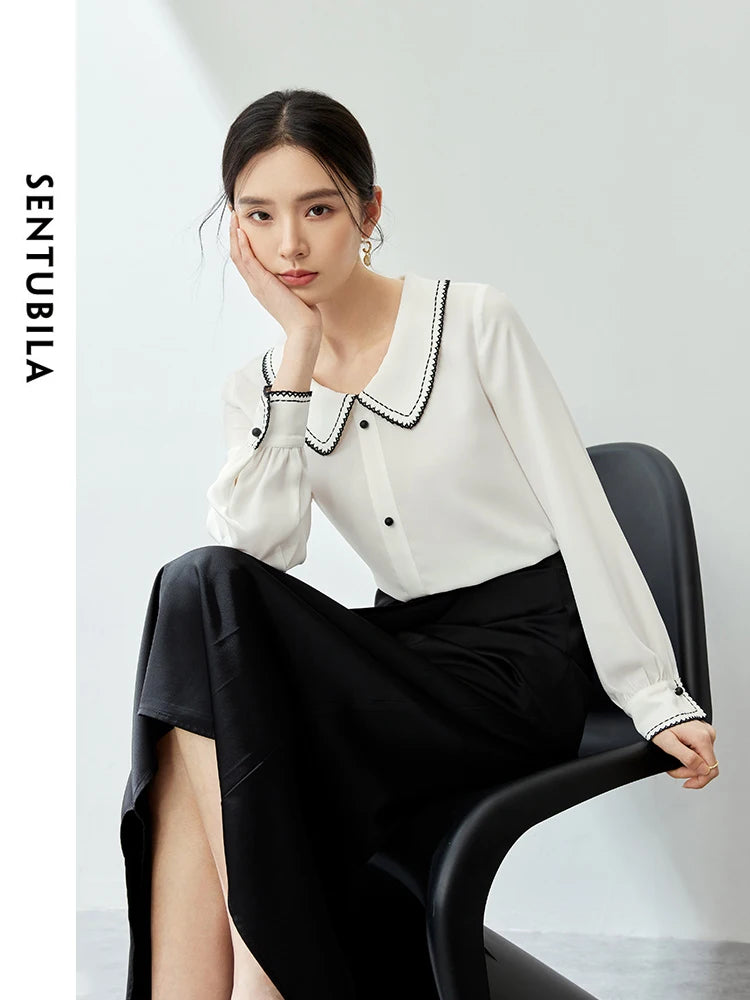 SENTUBILA Elegant Commuter White Chiffon Blouse