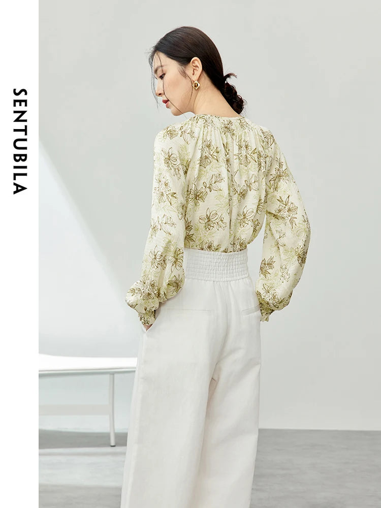 SENTUBILA Lace-up Round Neck Floral Shirt Elegant Printed Blouse