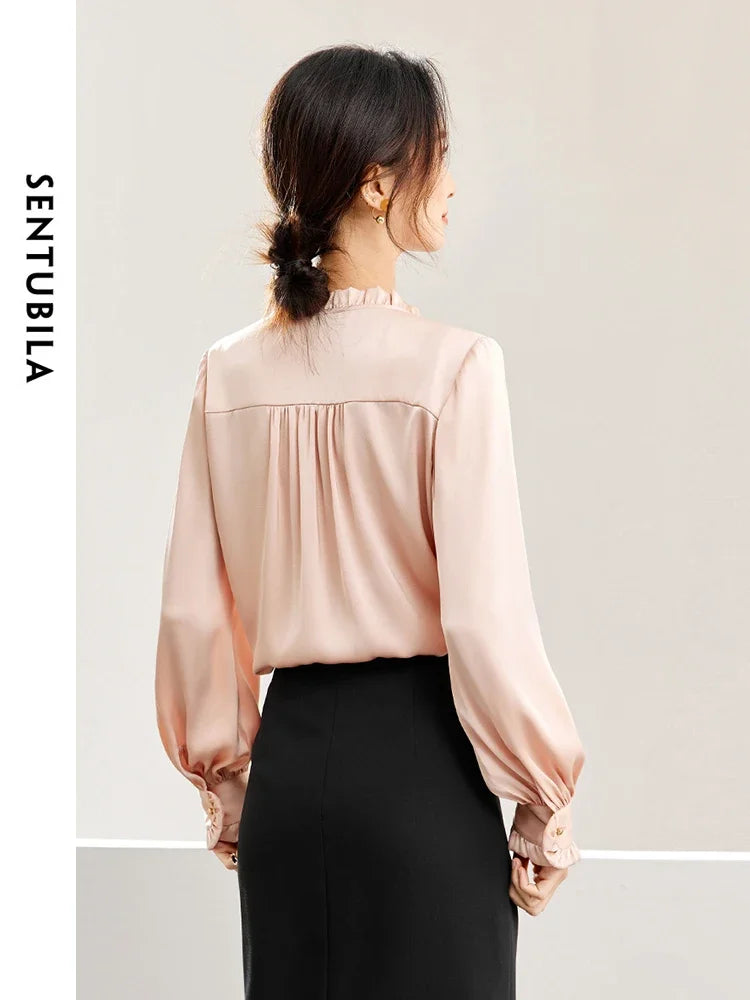 SENTUBILA French Satin Shirt Elegant Long Sleeve Ruffled V-neck Blouse Clothing