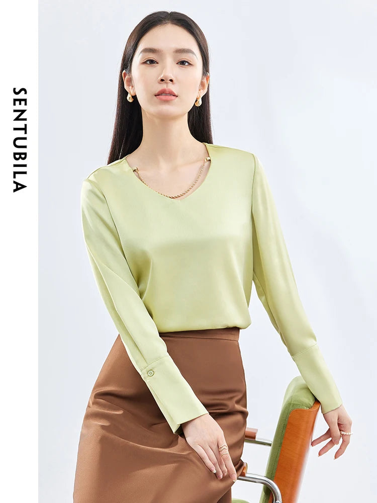 SENTUBILA Green Satin Blouse Elegant Chain V Neck Long Sleeve Simple