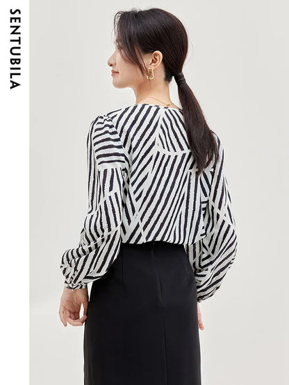 SENTUBILA Women Elegant Print Chiffon Blouses Striped Round Neck Puff Sleeve