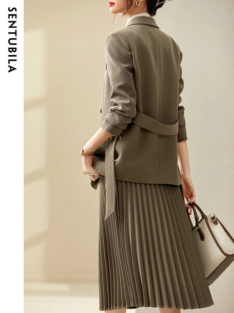 SENTUBILA 2-Piece Elegant Blazer and Skirt Set Long Sleeve Suit Jacket Pleated