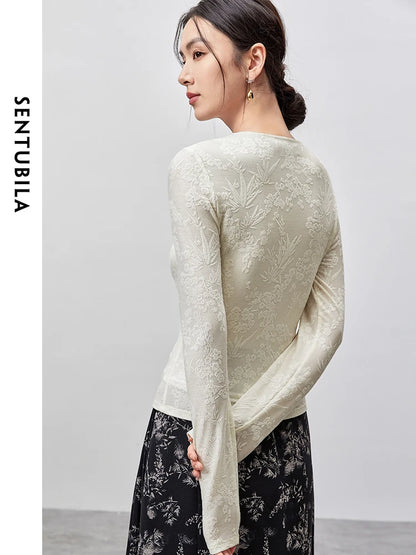 SENTUBILA Jacquard Hollow Out Lace T-shirt Chinese Style Elegant O Neck Long Sleeve Folds Pullover