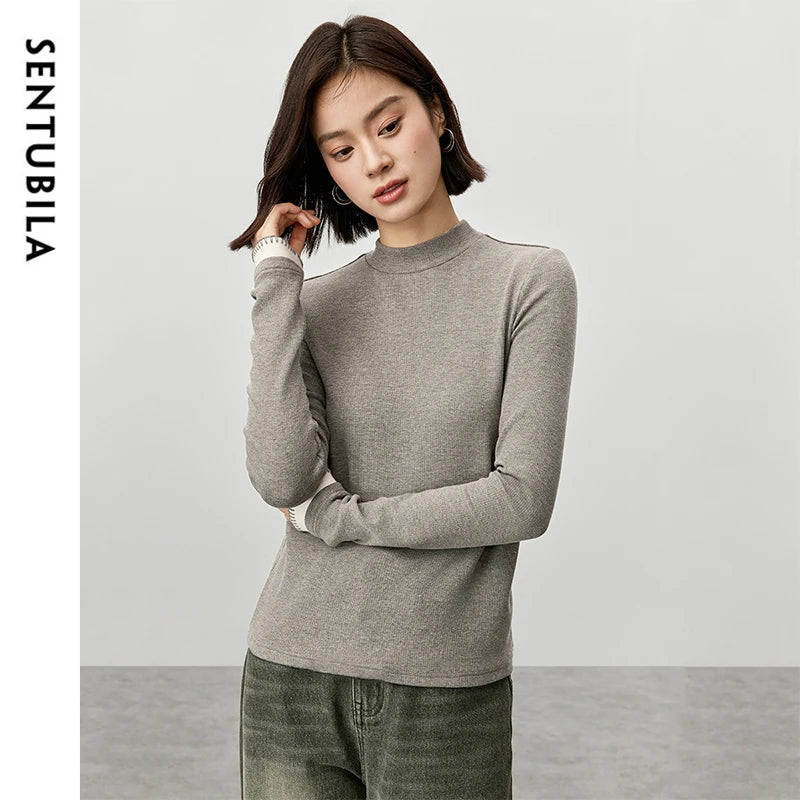 SENTUBILA Cotton Patchwork New Knitted Casual Half High Collar Pullover