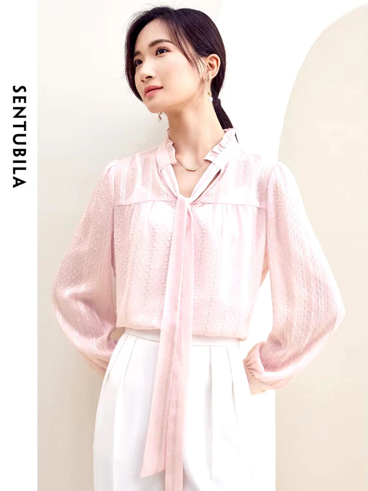 SENTUBILA Fashion Woman Chiffon Blouse Gentle Lantern Ruffle Neck Lace-Up