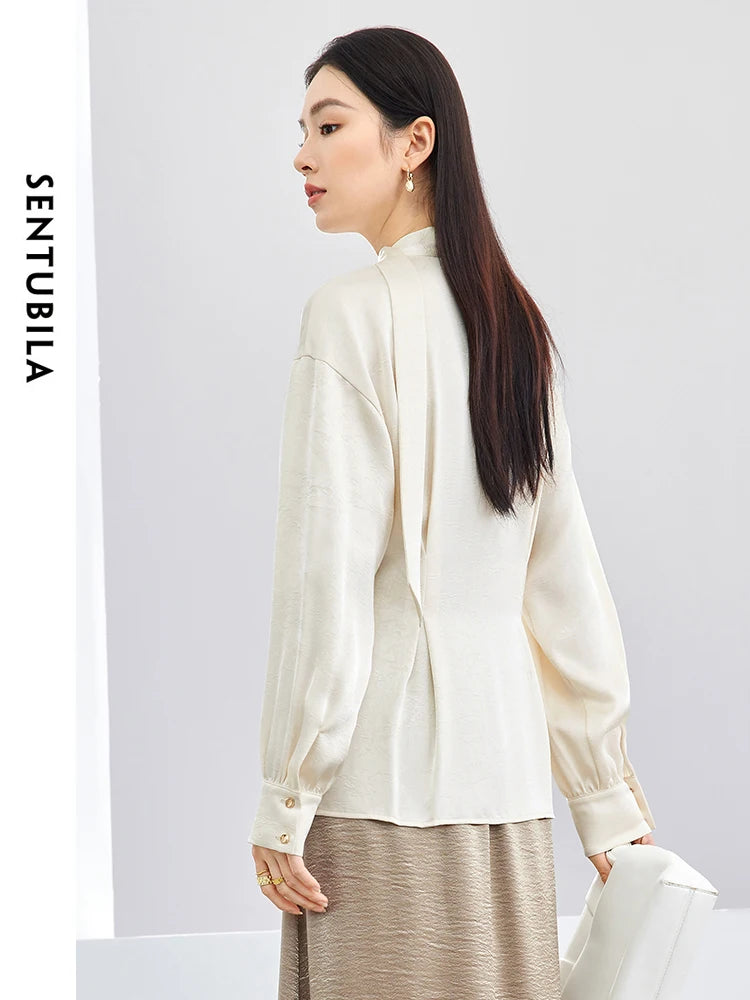 SENTUBILA Texture Satin Blouse Chiffon V Neck Long Sleeve Folds Metal Button