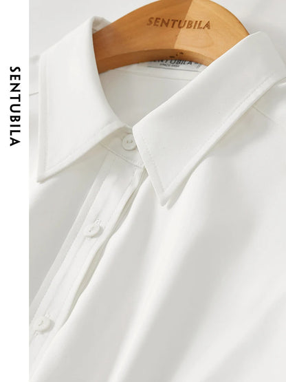 SENTUBILA Cropped White Solid Polo Collar Button Up