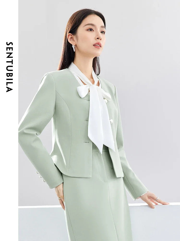 SENTUBILA V-neck Casual Blazer Glossy Button Suit