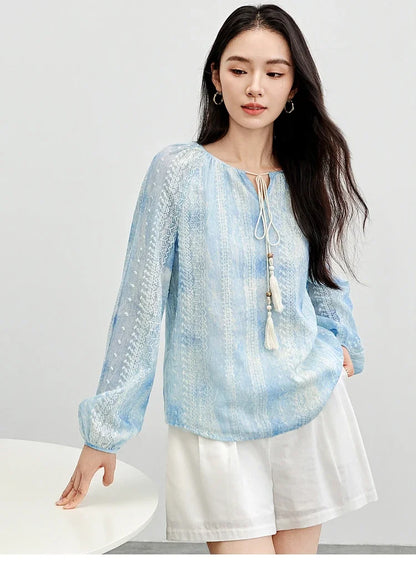 SENTUBILA Tie Dye Women's Blouses Chiffon Embroidery Tassels V Neck Long Sleeve Holiday Vacation Pullovers 2025 Spring