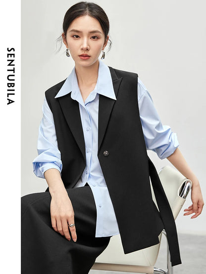 SENTUBILA Loose Vest Single Button Sashes Simple