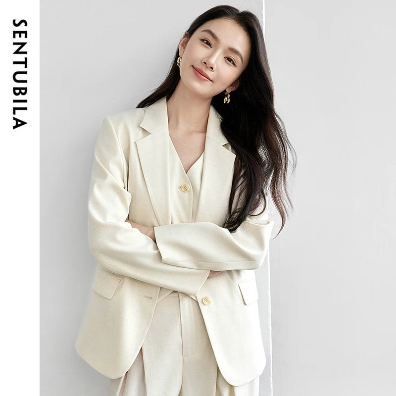 SENTUBILA Straight Linen Blazer Single Breasted Outerwear