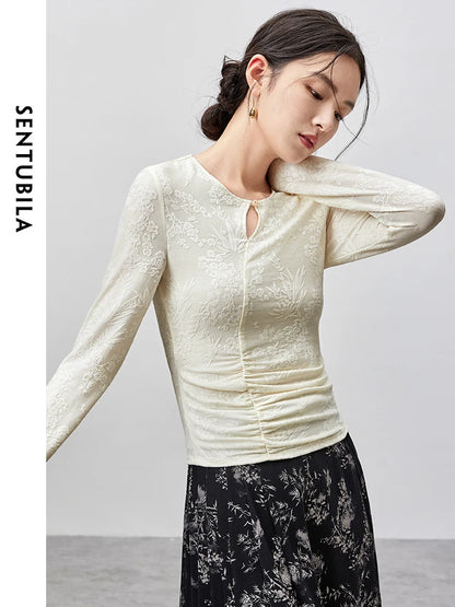 SENTUBILA Jacquard Hollow Out Lace T-shirt Chinese Style Elegant O Neck Long Sleeve Folds Pullover