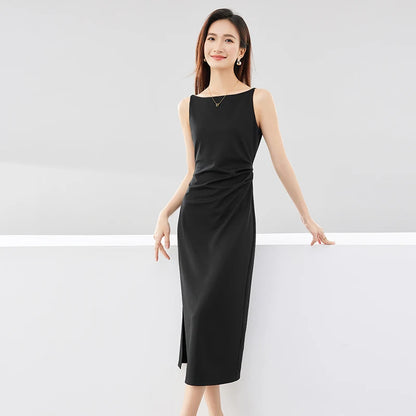 SENTUBILA Simple Party Black Midi Dress Women 2024 Spring Autumn Slim Temperament Slash Neck Sleeveless Lady Dresses Q33L52443