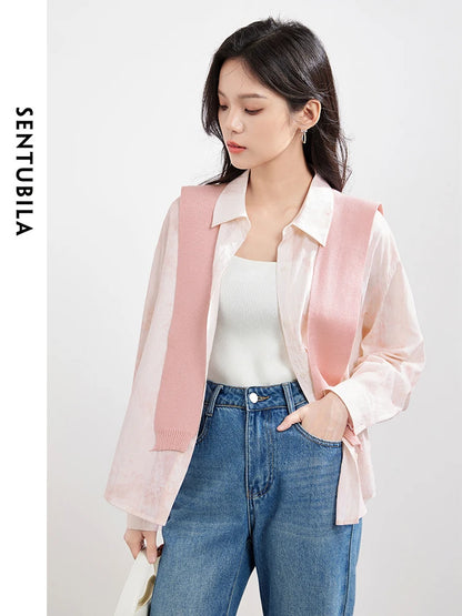 SENTUBILA Tie Dye Polo Collar Shirt Soft Shawl Spring New Fashion Button Up Long Sleeve Blouses