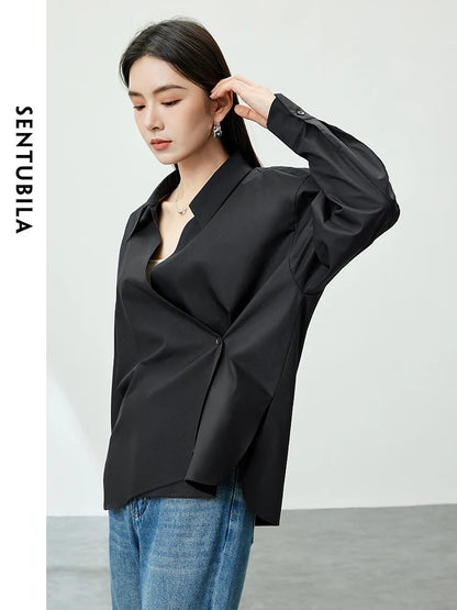 SENTUBILA V-neck Soft Cotton 100% Loose Black Drop Sleeve Button Up Asymmetric Blouse