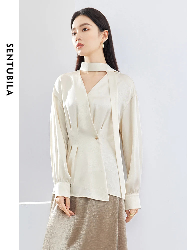 SENTUBILA Texture Satin Blouse Chiffon V Neck Long Sleeve Folds Metal Button