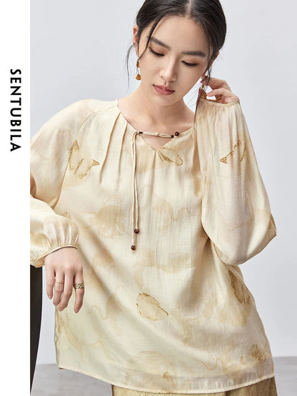 SENTUBILA Chinese Style Chiffon Blouse Casual Loose Butterfly Print Puff Sleeve Elegant